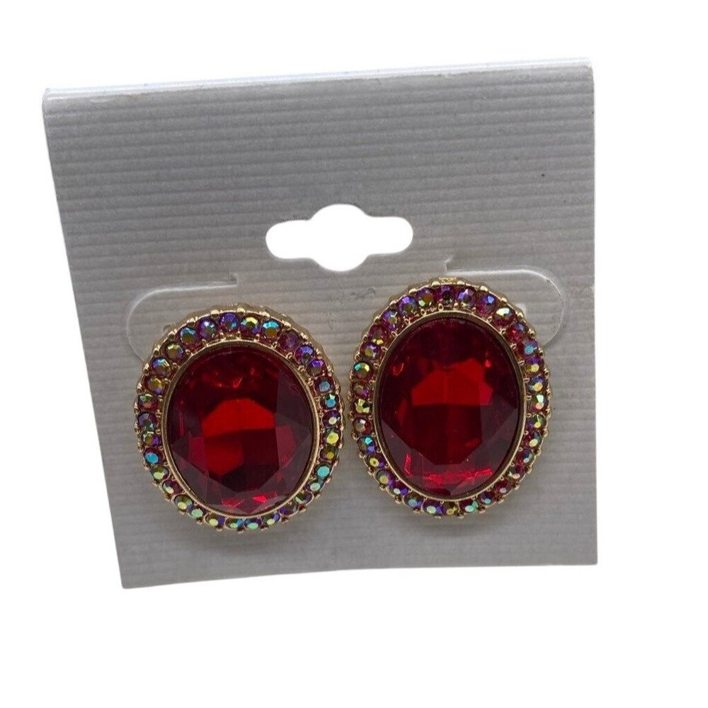 Womens Fashion Red Rhinestone Oval Post Earrings‎ Gold Plated Multicolor Accents